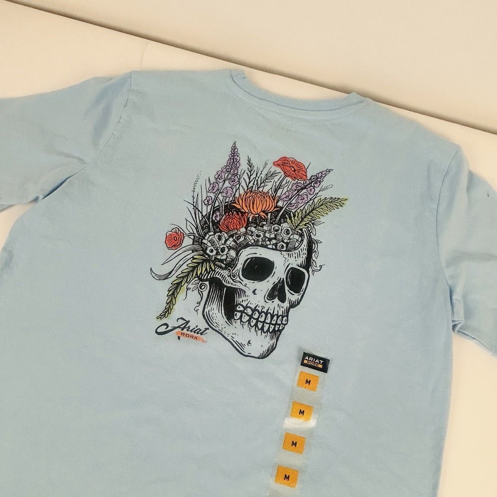 Ariat Rebar Roughneck Work T-Shirt Skull Flower Women's Medium Pocket Light Blue